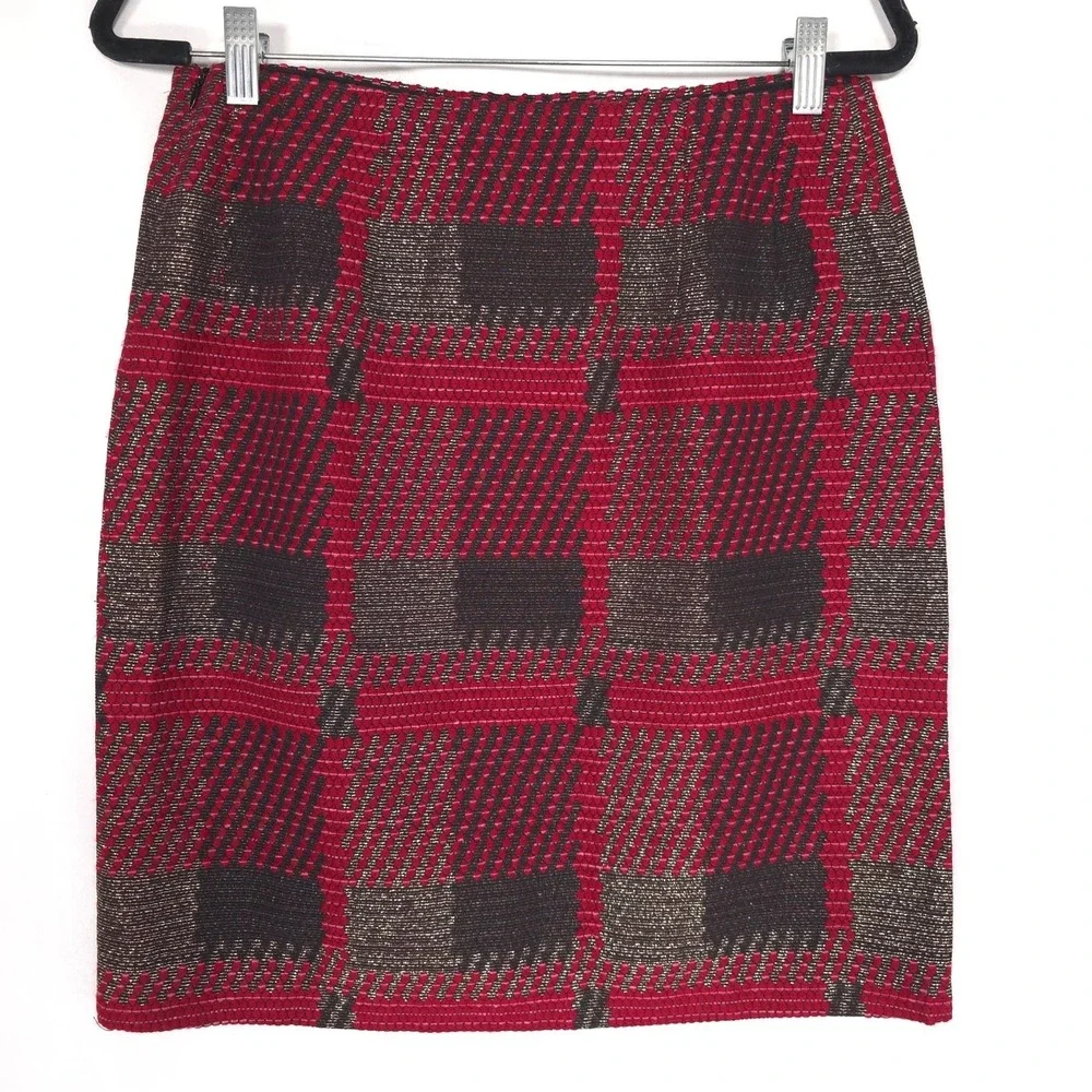 J‎ MCLAUGHLIN Plaid Check Knit Skirt Red Black Metallic Mini Lined 6 Wool Blend
